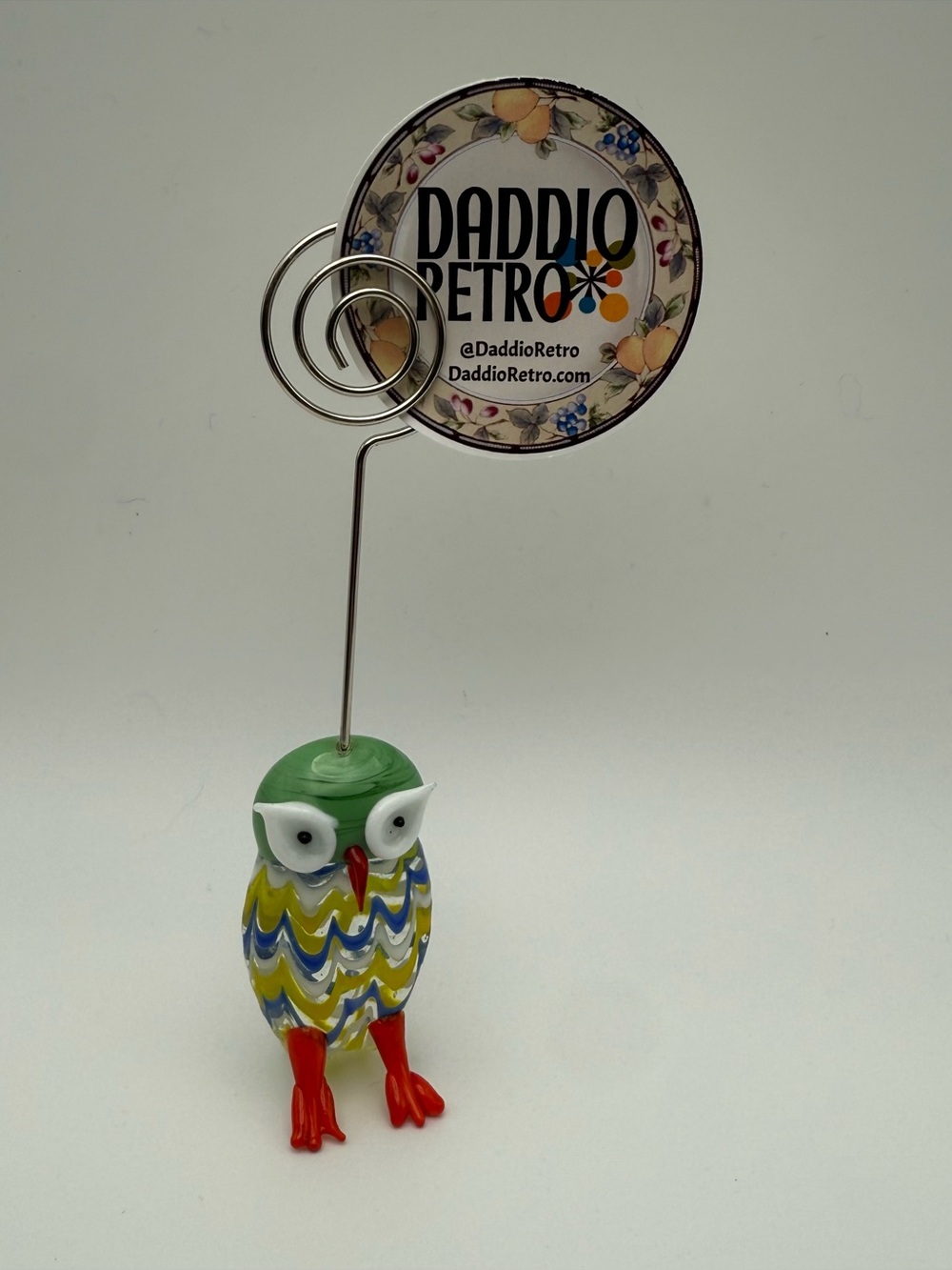 Glass Owl Picture Photo Photograph or Memo Holder Stand Retro Colorful Murano